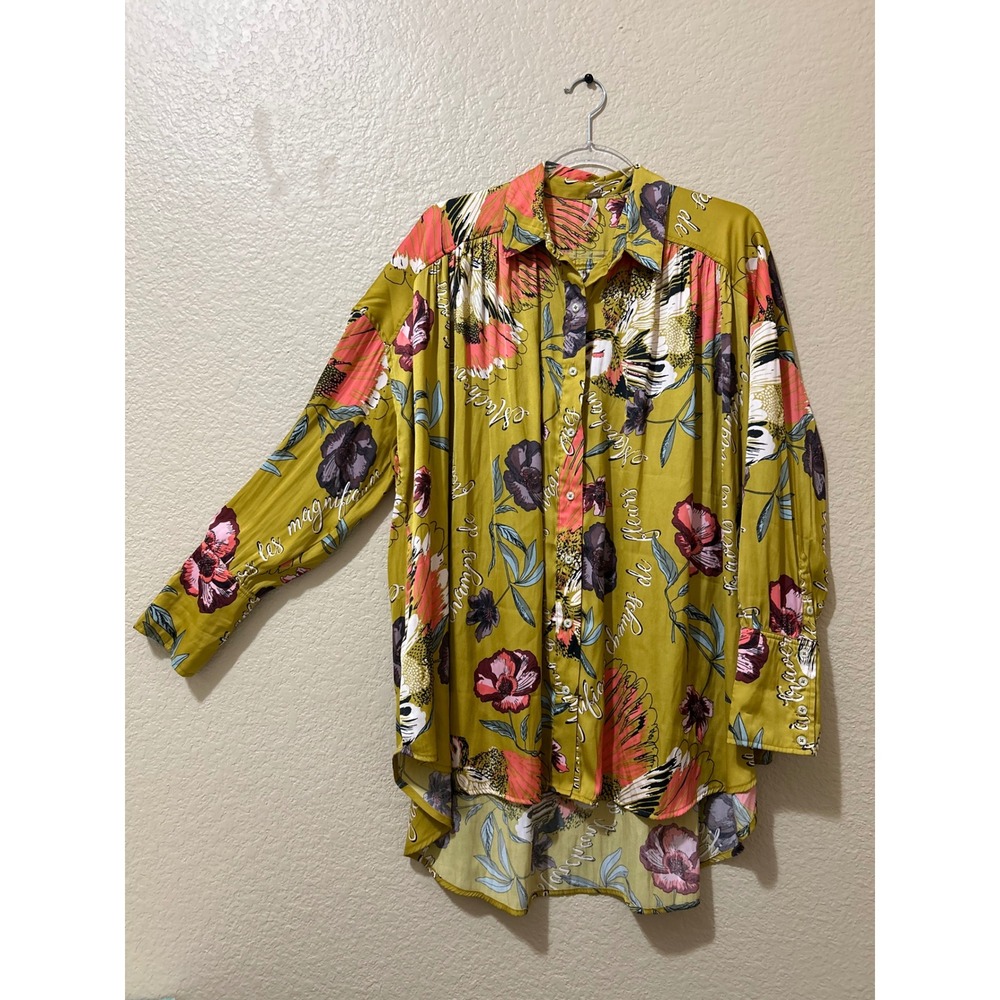 Free People Shirt Small Chartreuse Satin Floral Bird French Button French Garden
